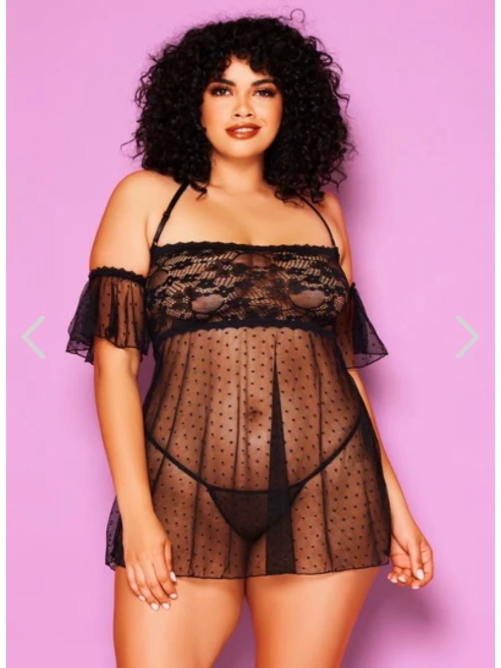 Sheer Black Polka Dot Short Shirt/Babydoll/Teddy w/Thong 2X/3X Plus Sized Lace